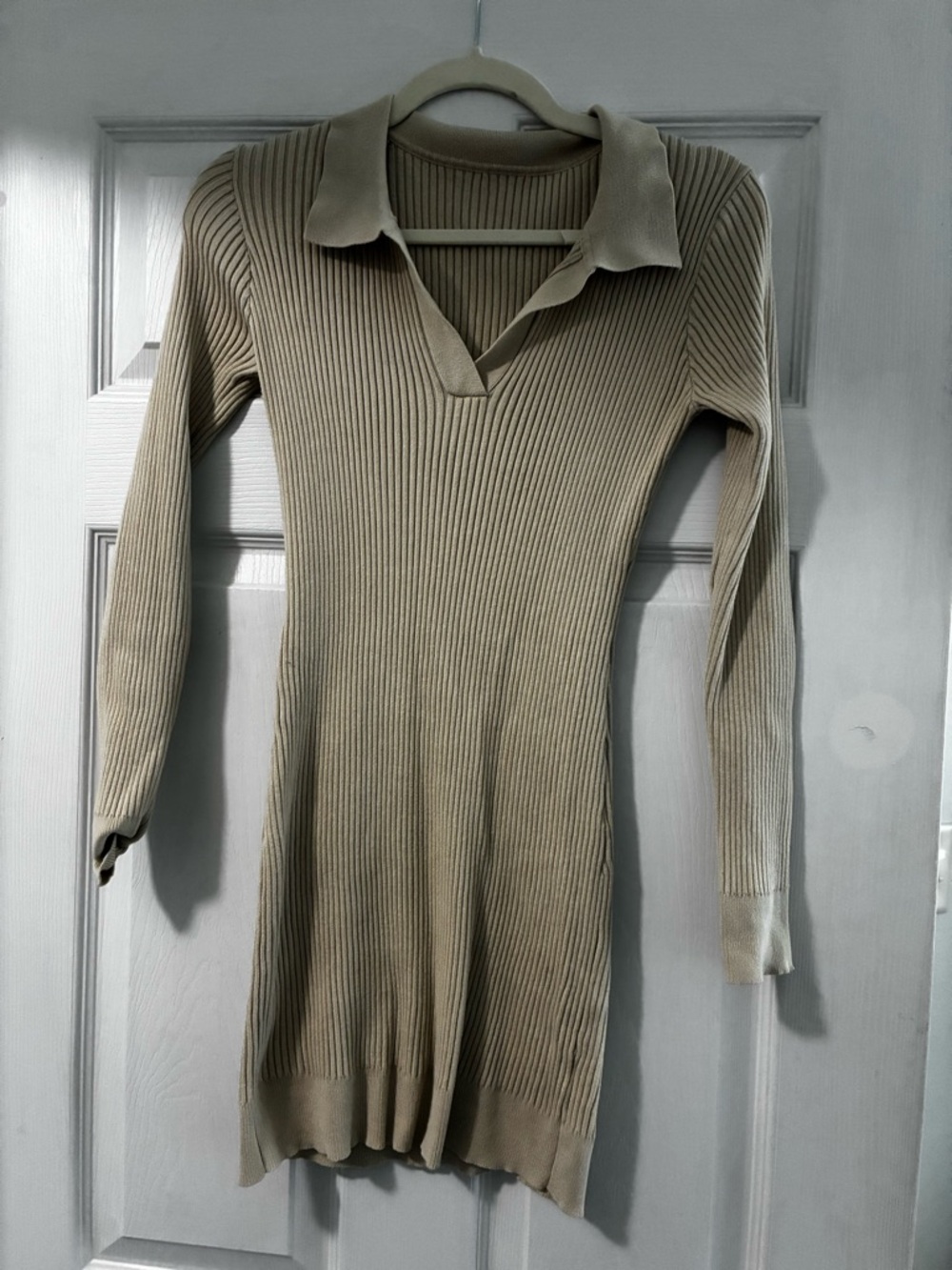Amazon Long Sleeve Ribbed Polo Sweater Dress - Beige
